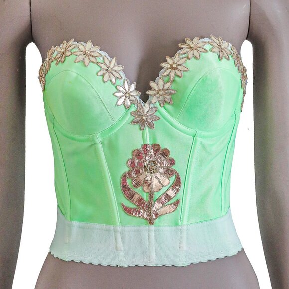 Embroidered Green Floral Corset Womens Bustier Top Elegant Floral Shapewear 34C - Picture 1 of 6